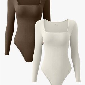 Elegant Long Sleeve Bodysuit Set - Brown and Cream